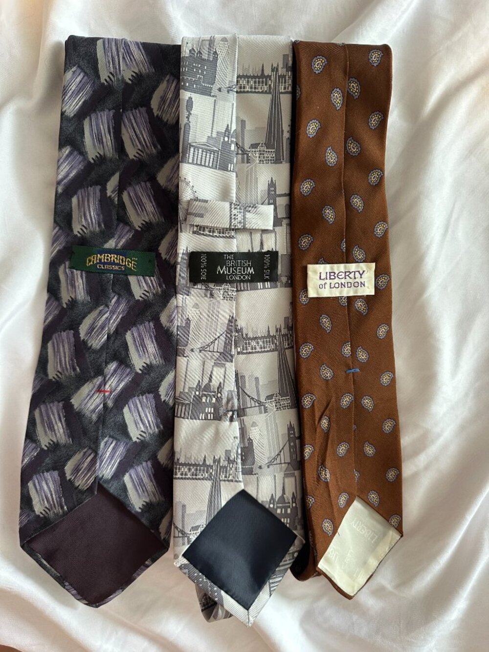 England Luxury Silk Tie Bundle 3pc Liberty London Cambridge British Museum